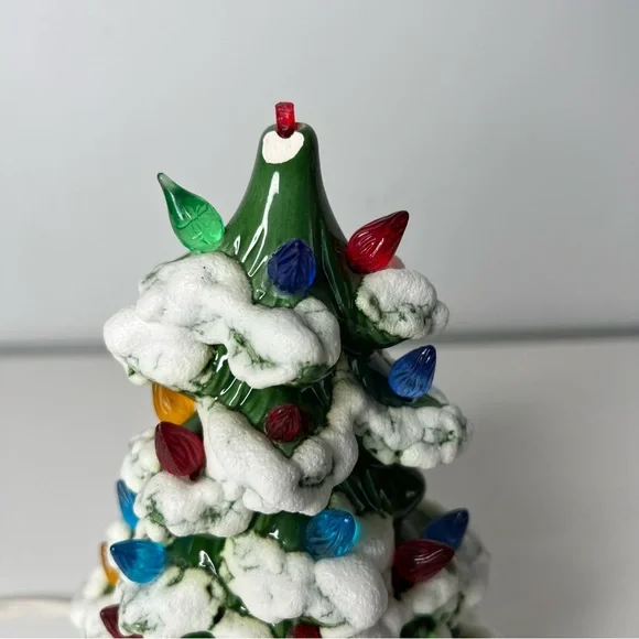 Vintage Ceramic Christmas Tree Snow Dated 1984 Green Multi Color 9” Tall